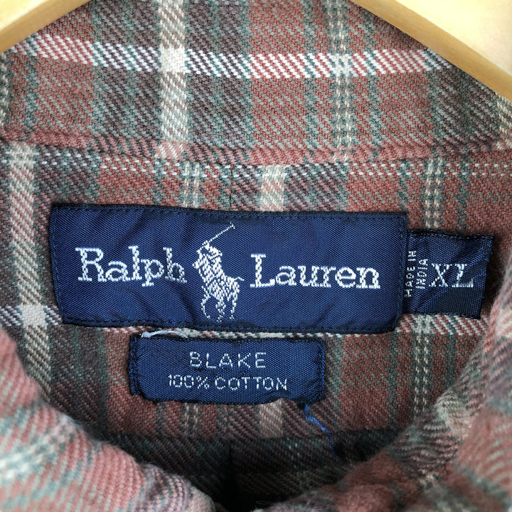 Ralph Lauren BLAKE long-sleeved button-down light flannel check shirt, men's size XL cotton brown type Vintage Second Hand