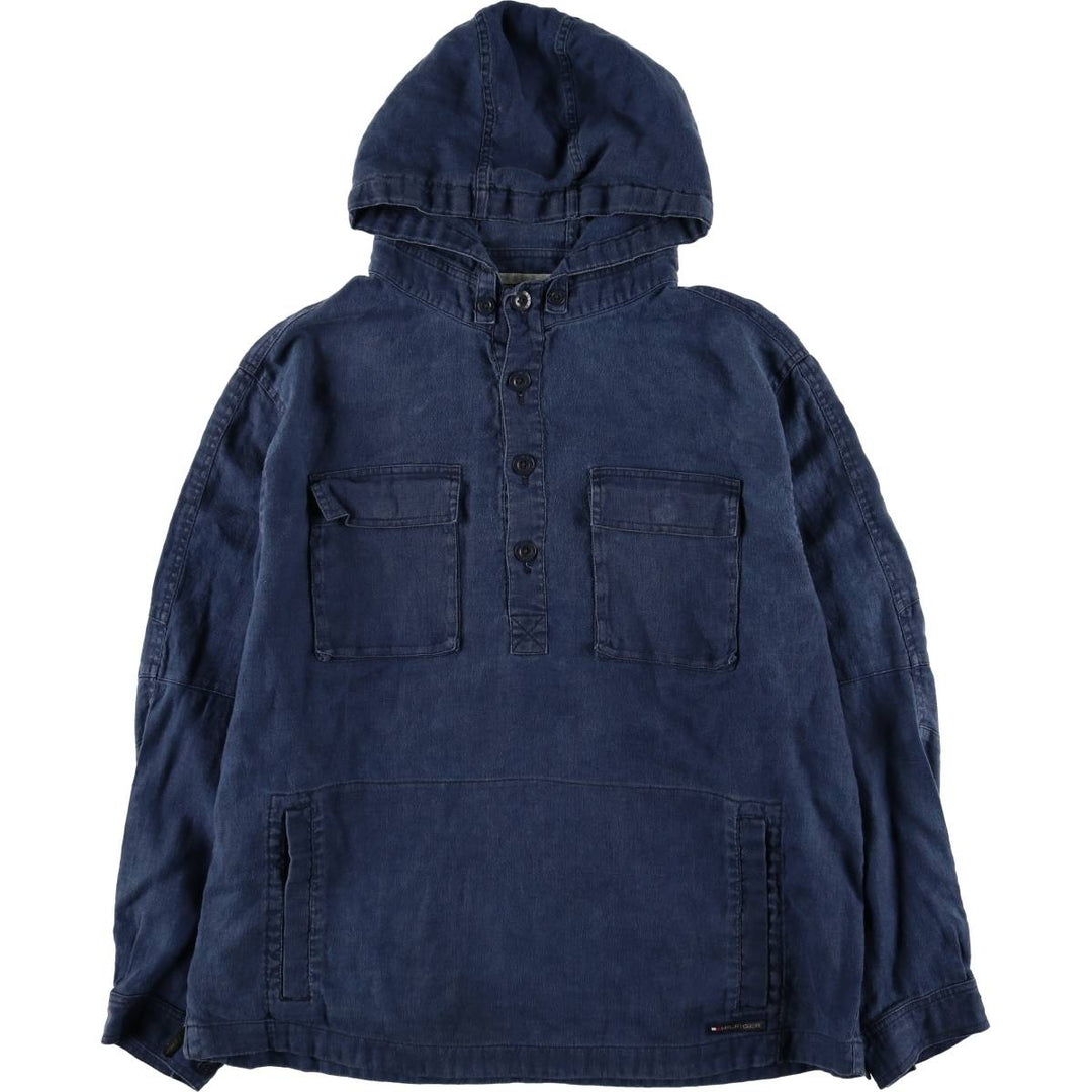 2000'S Tommy Hilfiger Half-Button Pullover Linen Parka, Men's Size XL linen navy blue type Vintage Second Hand