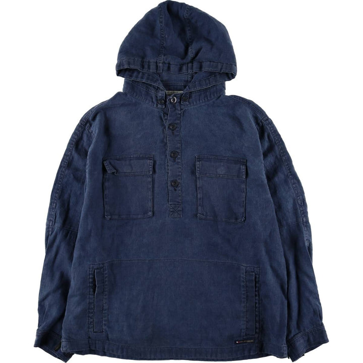 2000'S Tommy Hilfiger Half-Button Pullover Linen Parka, Men's Size XL linen navy blue type Vintage Second Hand