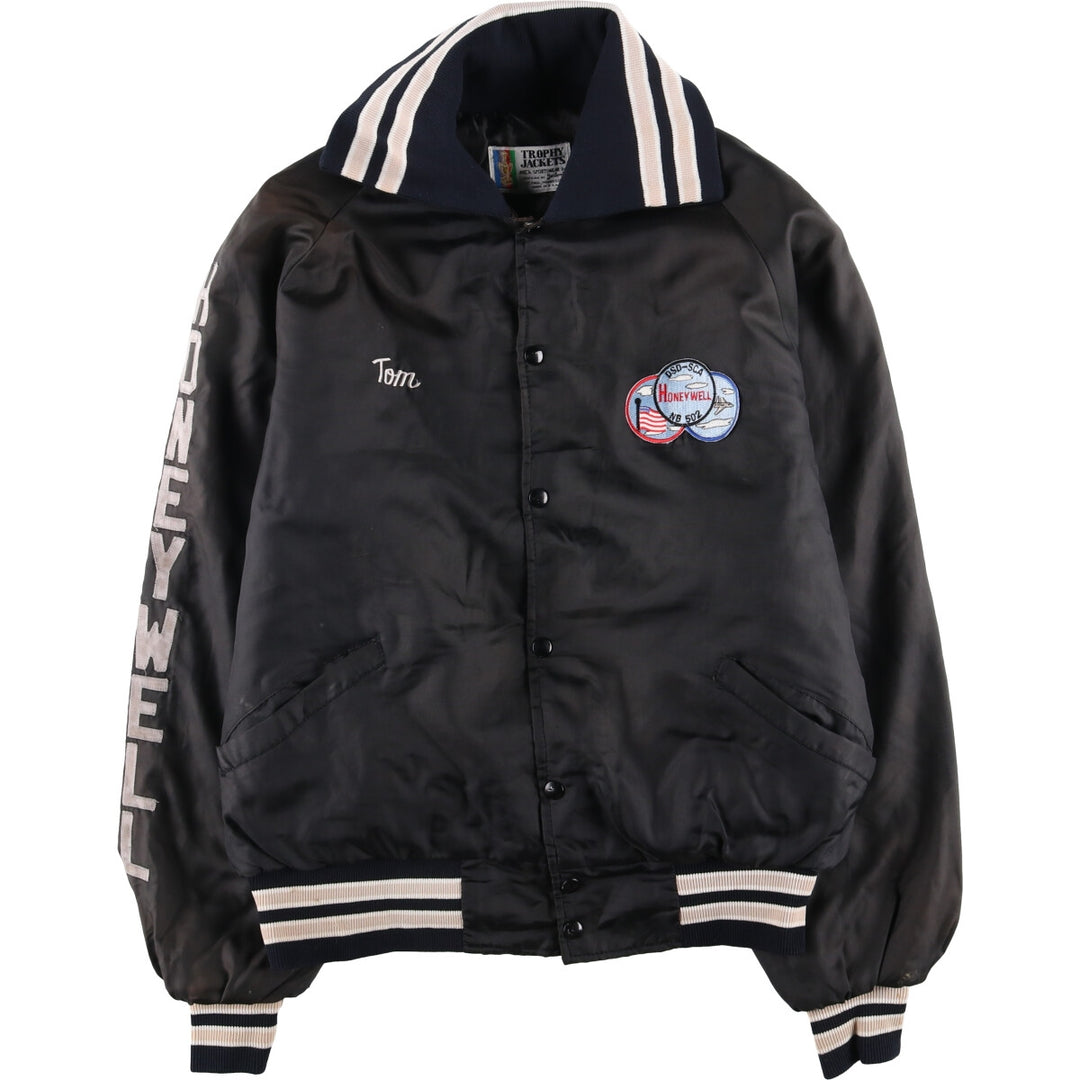 Vintage 1980'S TROPHY JACKETS padded collared nylon stadium jacket, men's size L. unclear black type Vintage Second Hand