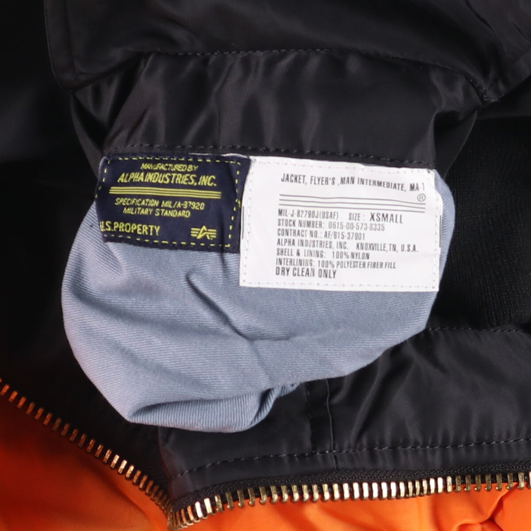 Vintage 1990'S Alpha MA-1 Slim Fit Military Flight Jacket with Padding, Men's Size XS Nylon black type Vintage Second Hand