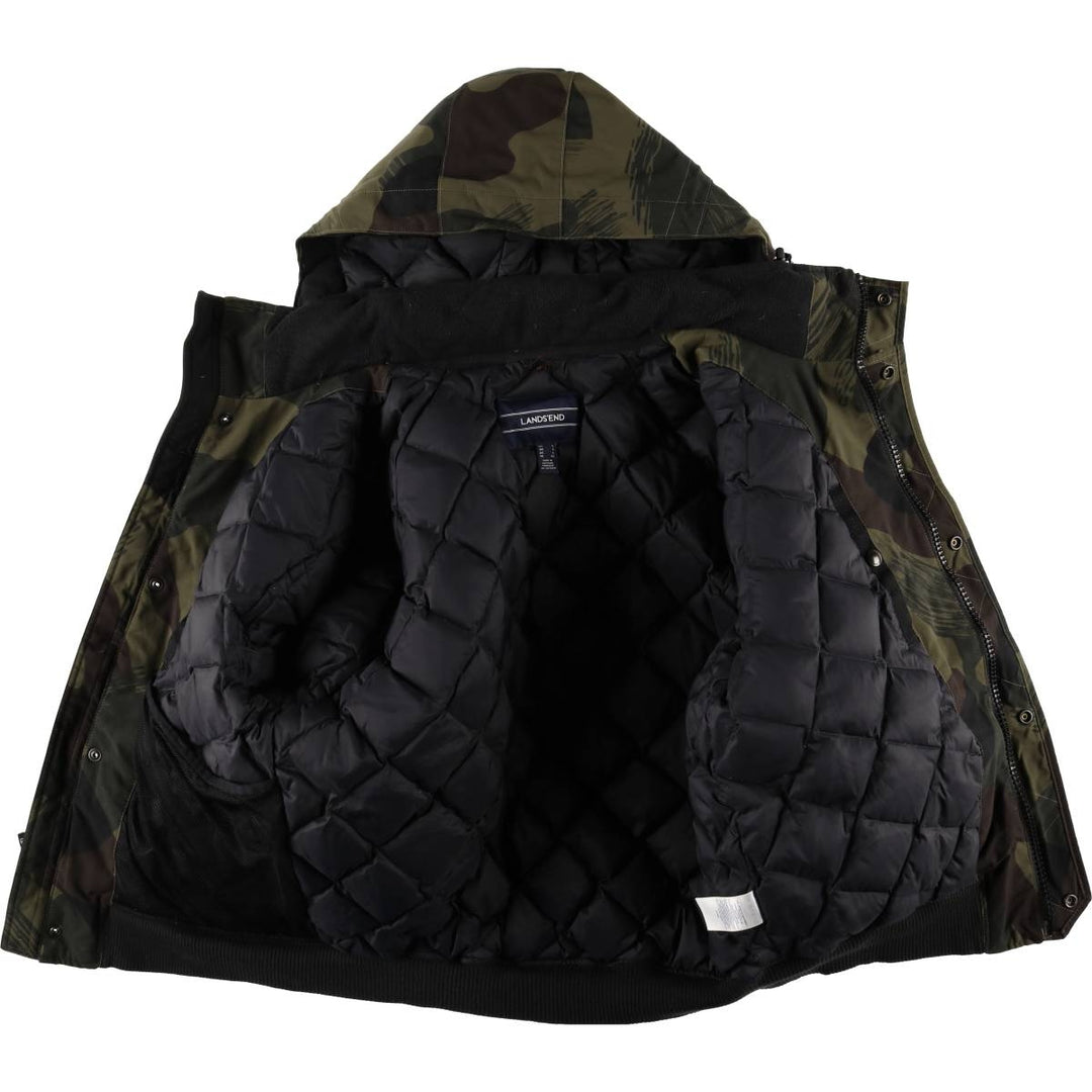 2000'S Lands' End Camouflage Pattern Woodland Camo Down Parka, Men's Size L Nylon Khaki type Vintage Second Hand