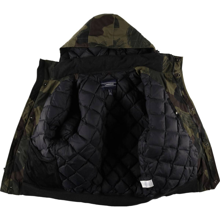 2000'S Lands' End Camouflage Pattern Woodland Camo Down Parka, Men's Size L Nylon Khaki type Vintage Second Hand