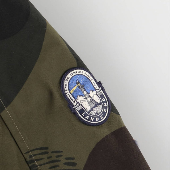 2000'S Lands' End Camouflage Pattern Woodland Camo Down Parka, Men's Size L Nylon Khaki type Vintage Second Hand