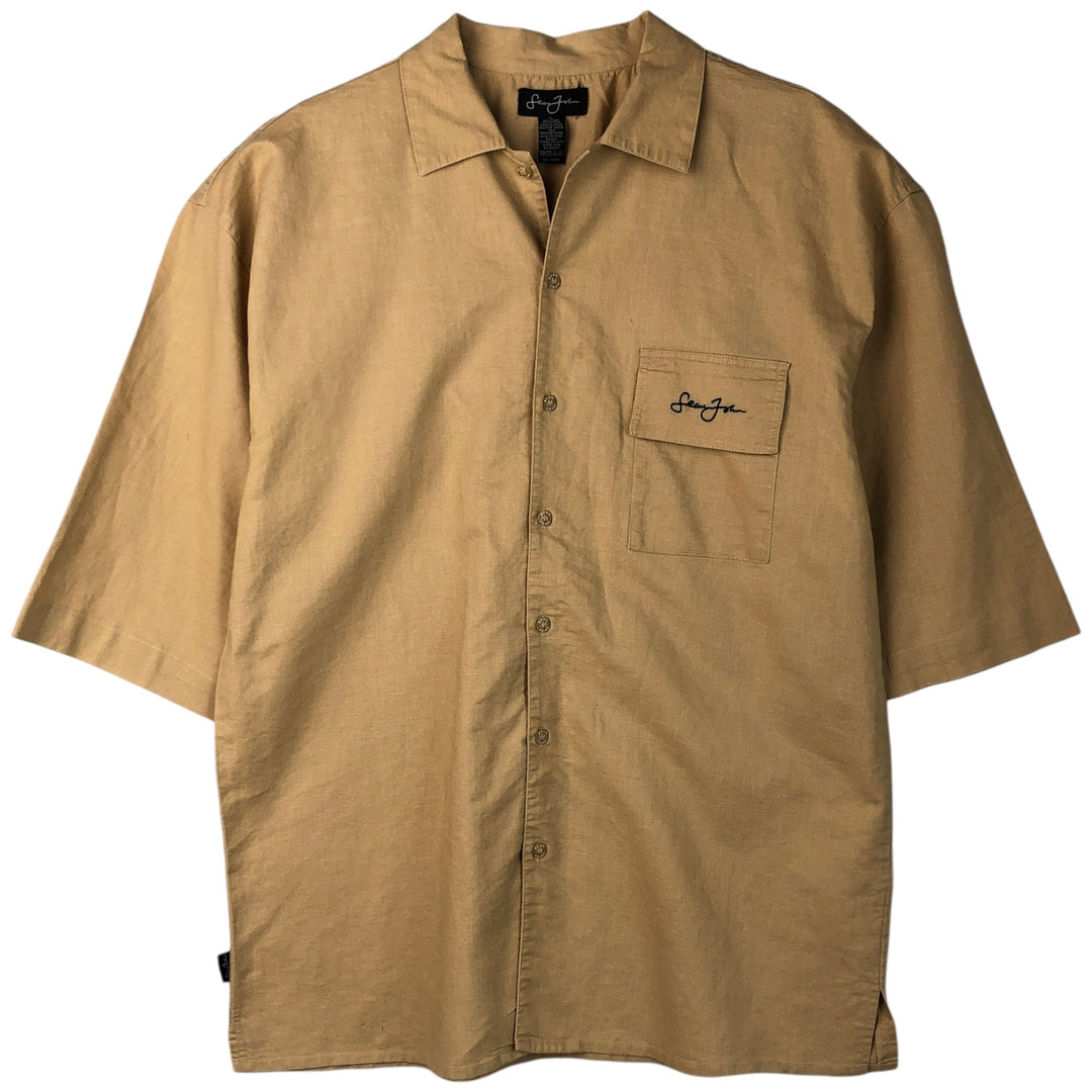 Sean John Short Sleeve Cotton and Linen Shirt, Men's XL (Equivalent) linen yellow type Vintage Second Hand