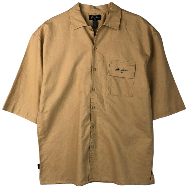 Sean John Short Sleeve Cotton and Linen Shirt, Men's XL (Equivalent) linen yellow type Vintage Second Hand