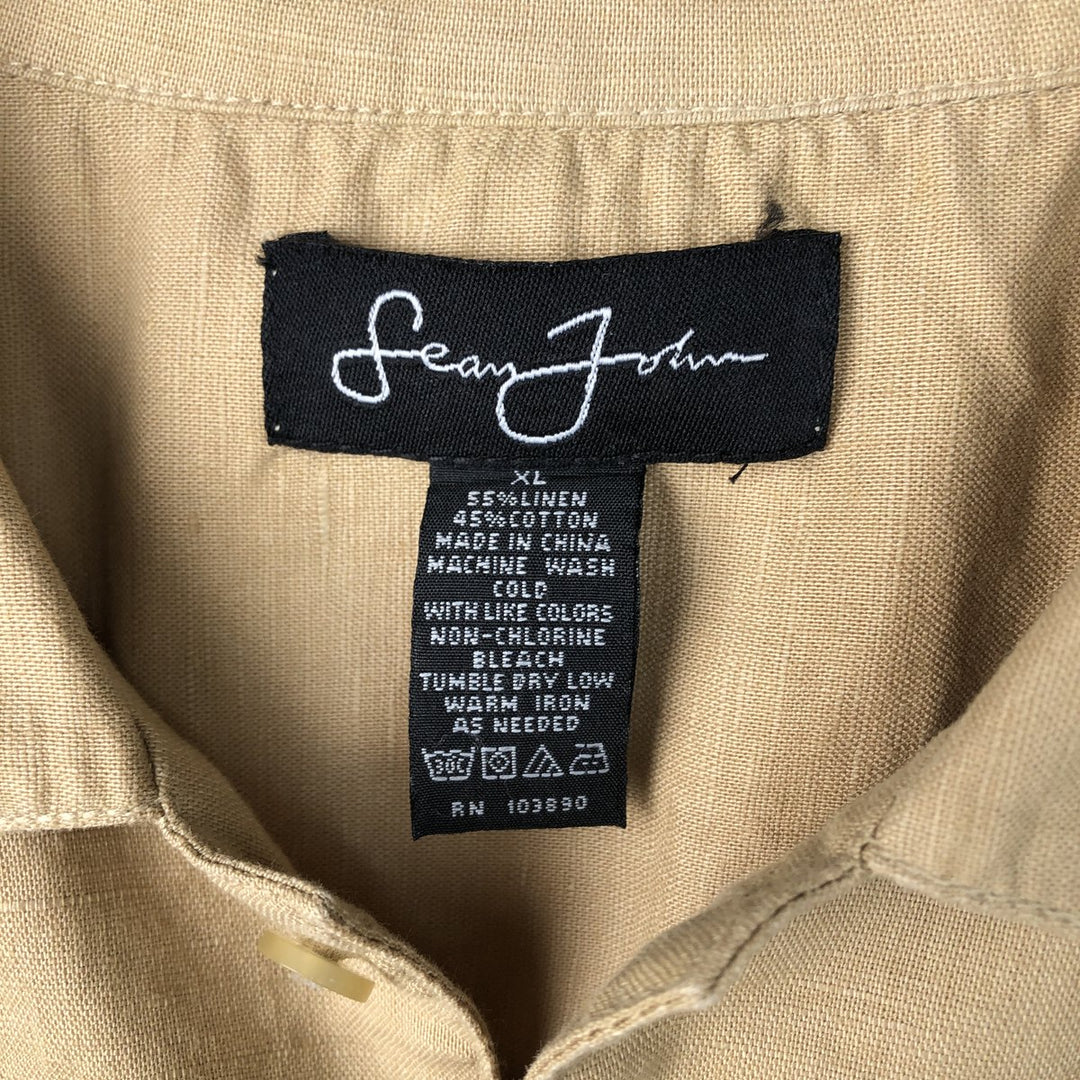 Sean John Short Sleeve Cotton and Linen Shirt, Men's XL (Equivalent) linen yellow type Vintage Second Hand