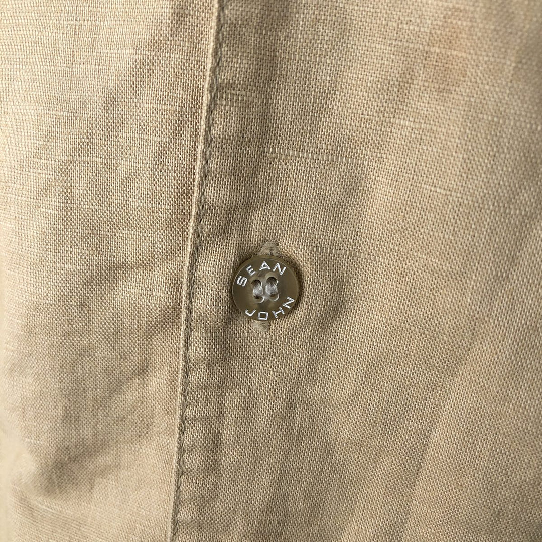 Sean John Short Sleeve Cotton and Linen Shirt, Men's XL (Equivalent) linen yellow type Vintage Second Hand