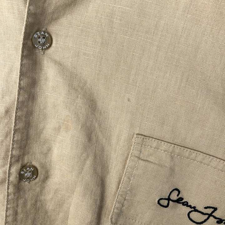 Sean John Short Sleeve Cotton and Linen Shirt, Men's XL (Equivalent) linen yellow type Vintage Second Hand