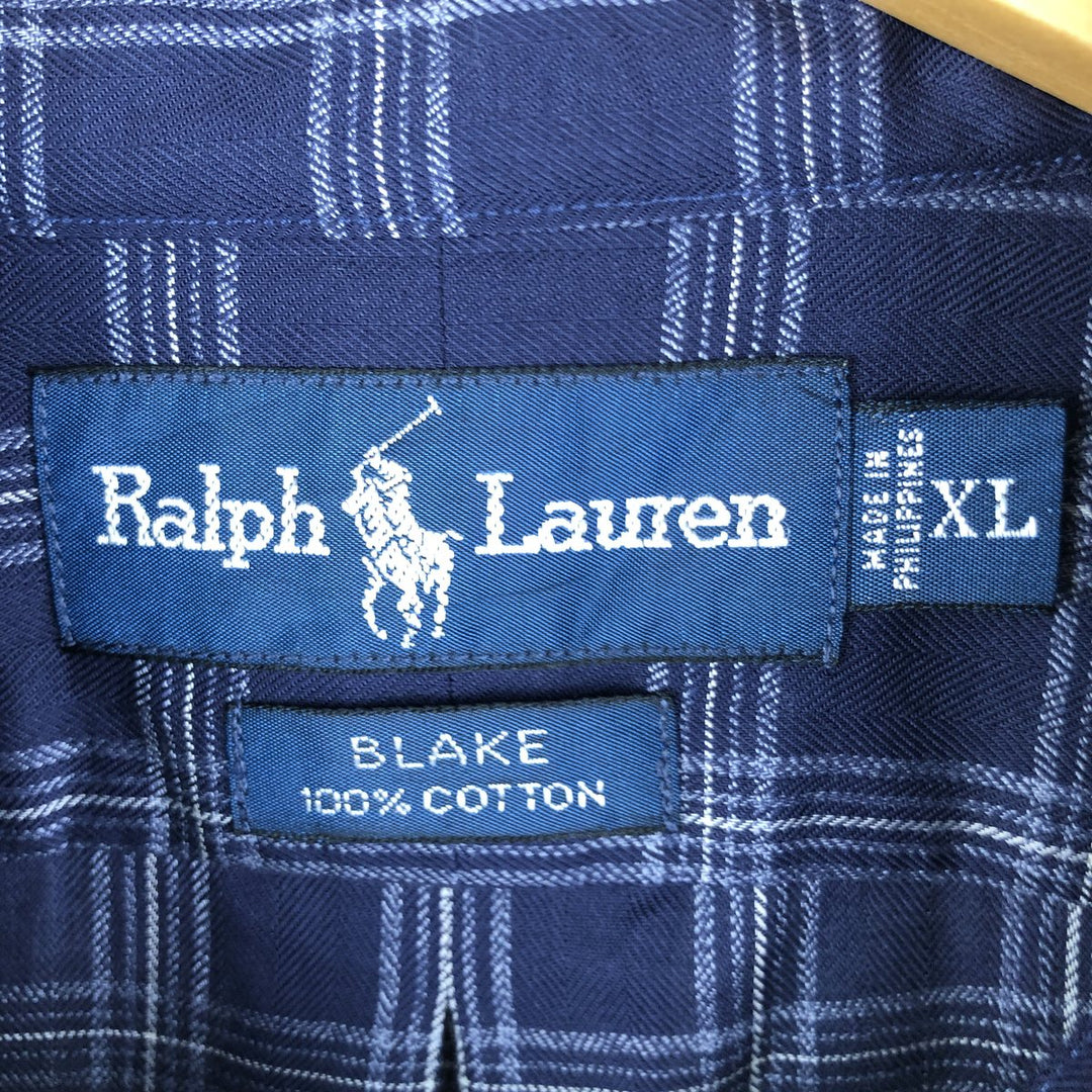 Ralph Lauren BLAKE long sleeve button down check shirt, men's XL size cotton navy blue type Vintage Second Hand