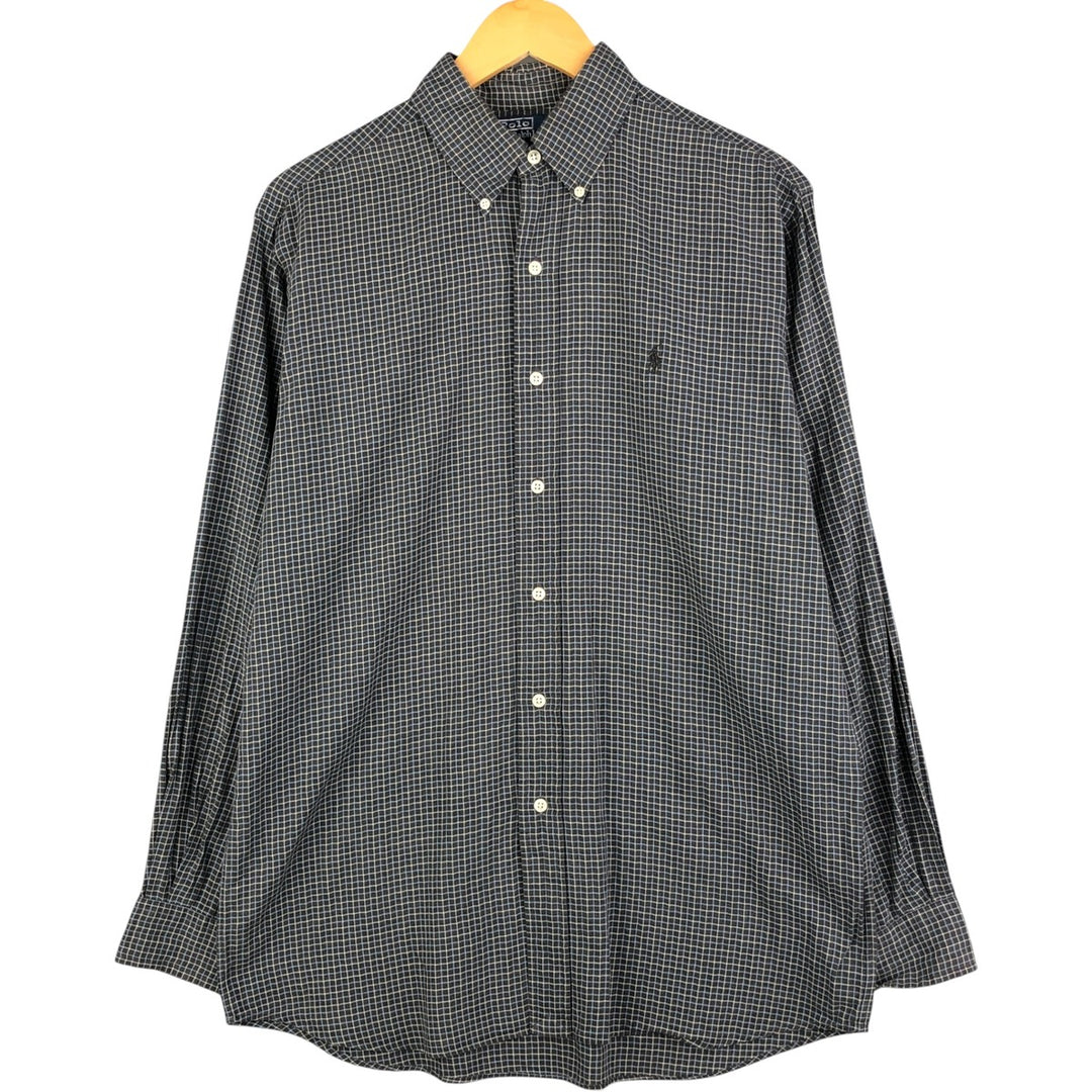 Ralph Lauren POLO by Ralph Lauren ELLINGTON long-sleeved button-down check shirt, men's size M cotton Charcoal Vintage Second Hand