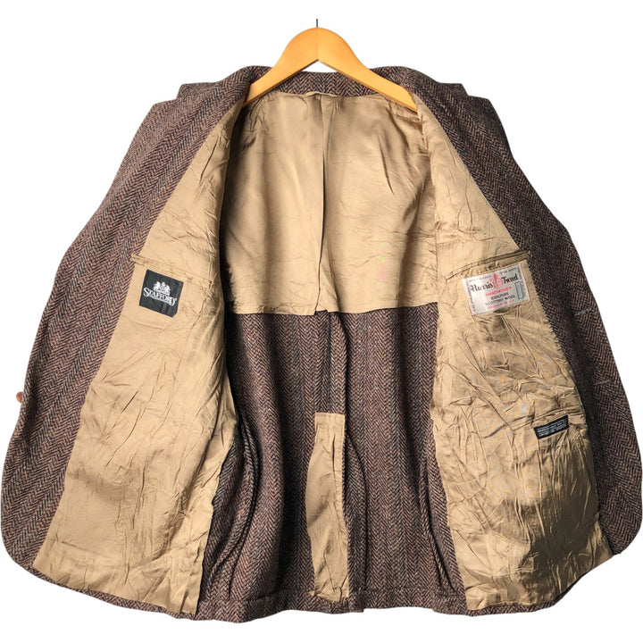 1990'S Stafford Harris Tweed Stripe Pattern with Color Nep Herringbone Wool Tailored Jacket, Made in USA wool brown type Vintage Second Hand