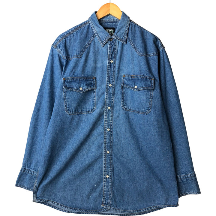 KEY Long Sleeve Denim Western Shirt, Men's Size L cotton blue type Vintage Second Hand