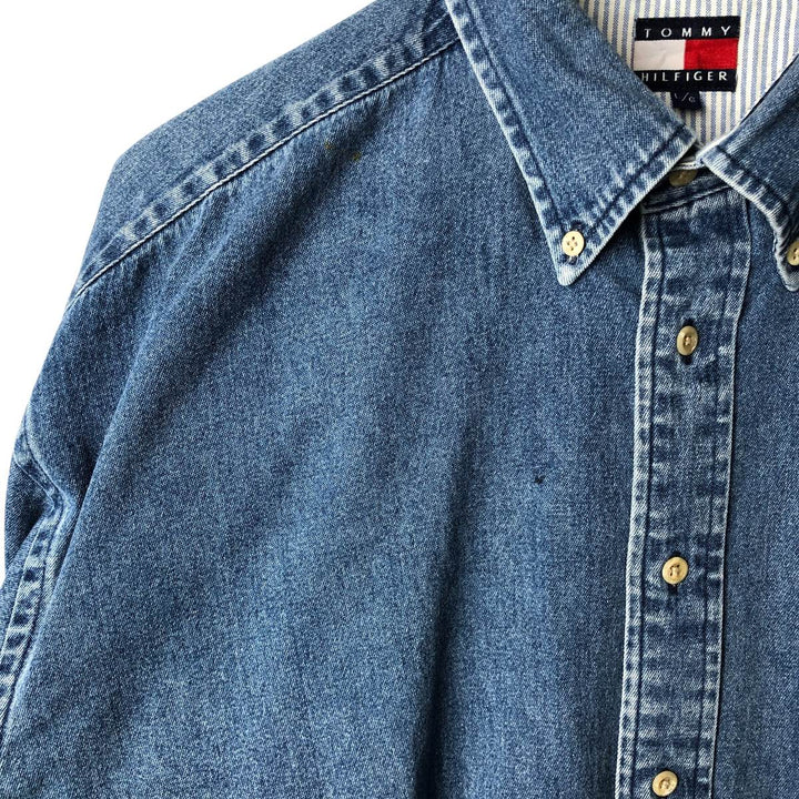 Vintage 90'S Tommy Hilfiger long-sleeved button-down denim shirt, size L, men's size L cotton blue type Vintage Second Hand