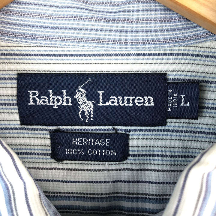 Ralph Lauren Heritage Long Sleeve Button-Down Striped Shirt, Men's Size L cotton Blue type light blue Vintage Second Hand