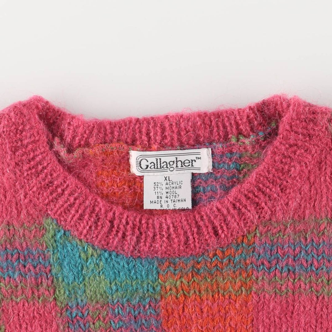 Vintage 90'S Gallagher Check Pattern Mohair Blend Acrylic Knit Sweater, Women's Size XL acrylic pink type Vintage Second Hand