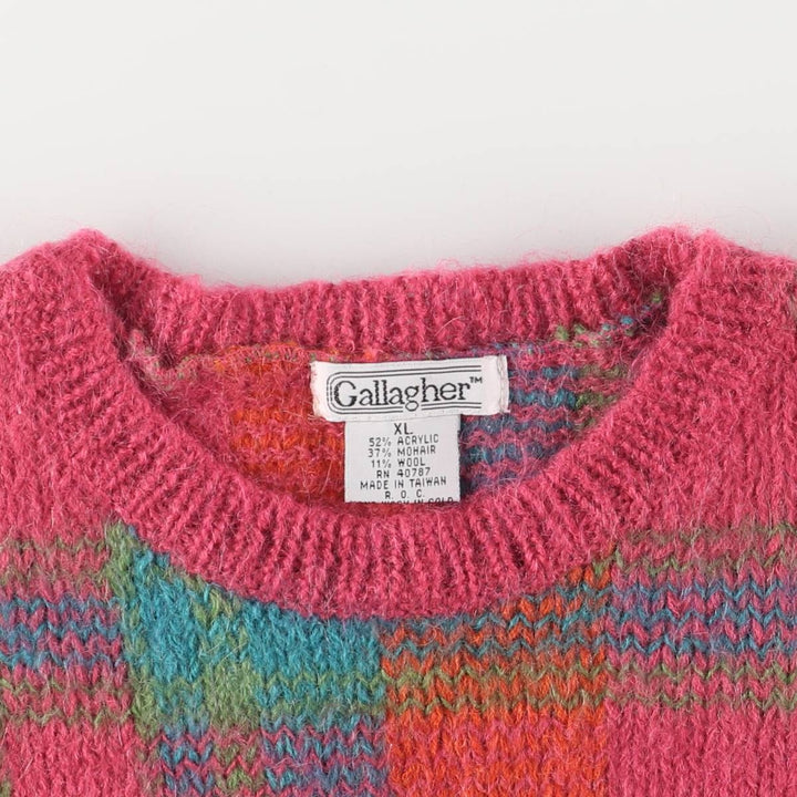 Vintage 90'S Gallagher Check Pattern Mohair Blend Acrylic Knit Sweater, Women's Size XL acrylic pink type Vintage Second Hand