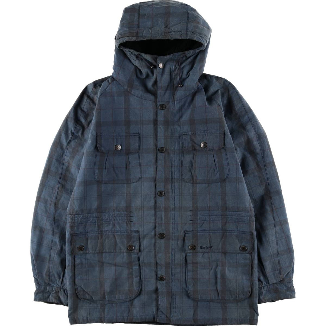 Barbour Check Pattern Oil-Free Padded Parka Puffer Jacket, Men's Size L, 3 Warrant Waxed cotton navy blue type Vintage Second Hand
