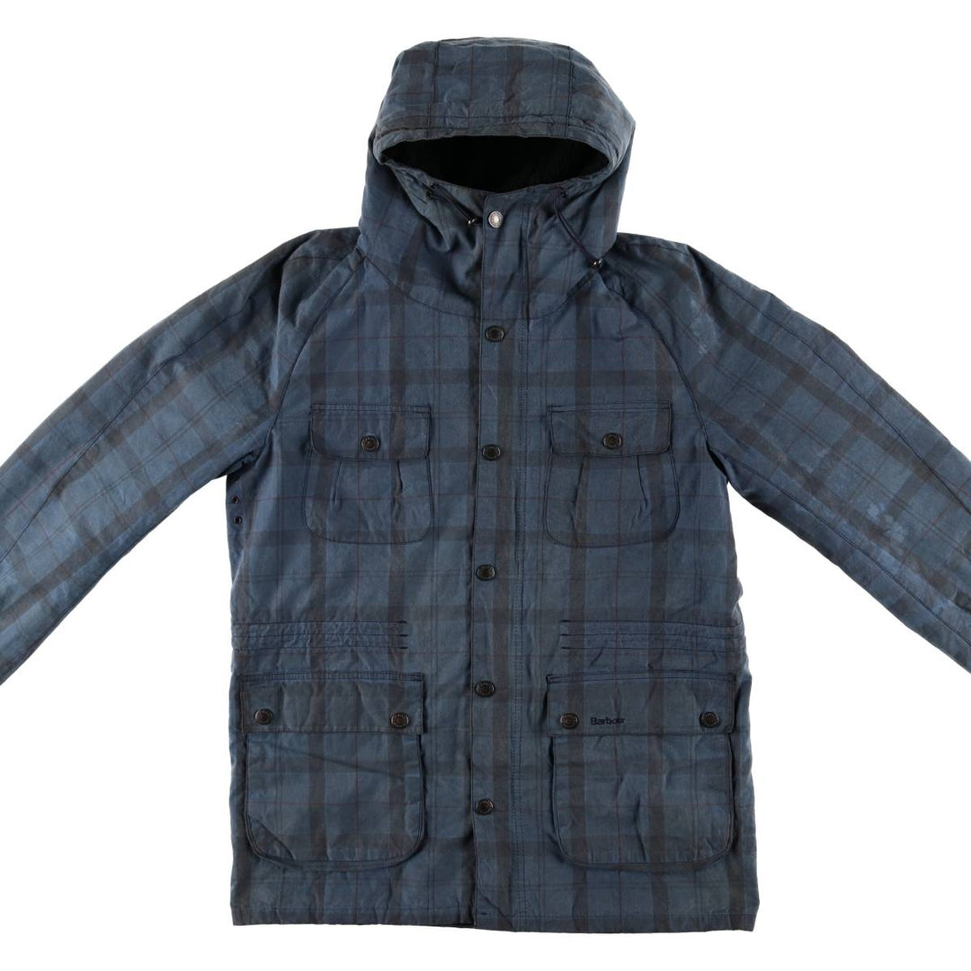Barbour Check Pattern Oil-Free Padded Parka Puffer Jacket, Men's Size L, 3 Warrant Waxed cotton navy blue type Vintage Second Hand