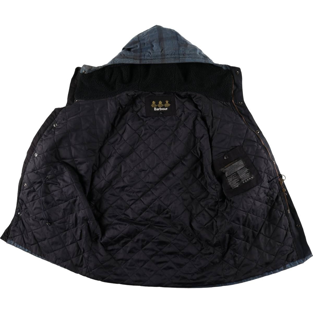 Barbour Check Pattern Oil-Free Padded Parka Puffer Jacket, Men's Size L, 3 Warrant Waxed cotton navy blue type Vintage Second Hand