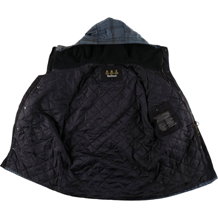 Barbour Check Pattern Oil-Free Padded Parka Puffer Jacket, Men's Size L, 3 Warrant Waxed cotton navy blue type Vintage Second Hand