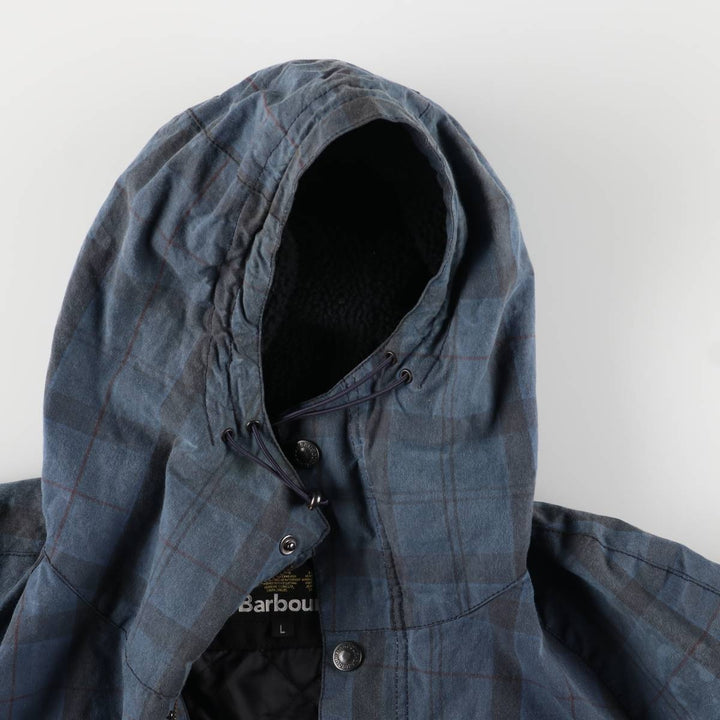 Barbour Check Pattern Oil-Free Padded Parka Puffer Jacket, Men's Size L, 3 Warrant Waxed cotton navy blue type Vintage Second Hand
