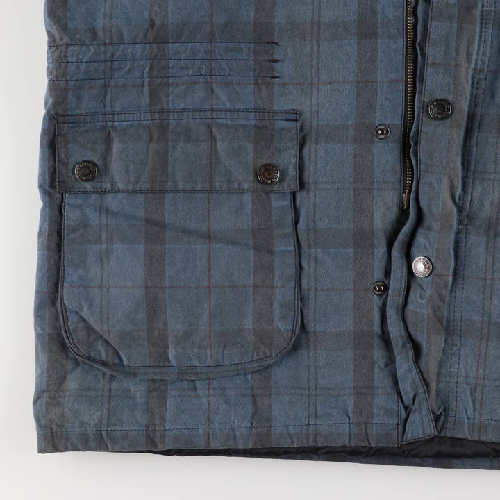 Barbour Check Pattern Oil-Free Padded Parka Puffer Jacket, Men's Size L, 3 Warrant Waxed cotton navy blue type Vintage Second Hand
