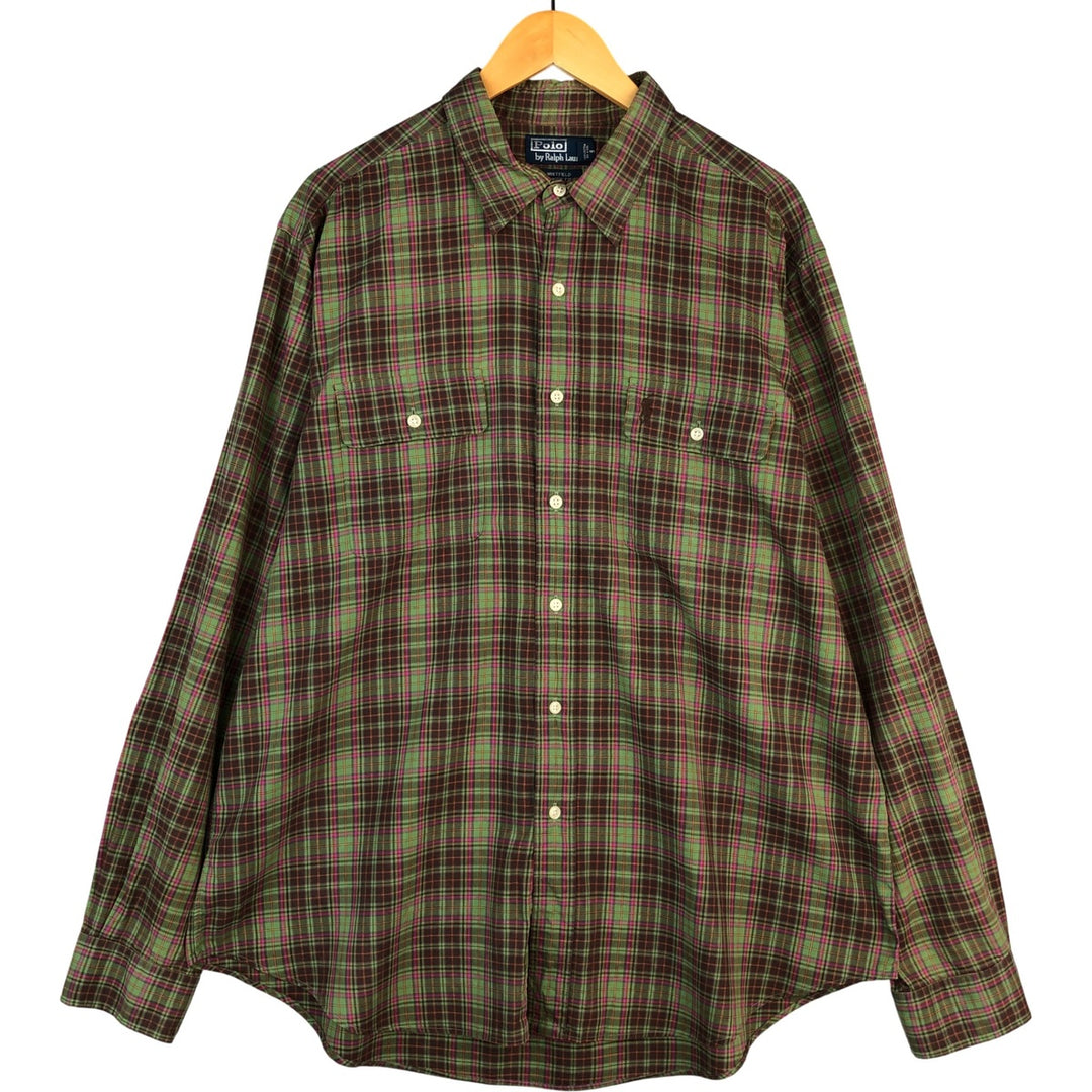 Ralph Lauren WHITFIELD CLASSIC FIT long-sleeved cotton check shirt, men's size XL cotton green type yellow green Vintage Second Hand