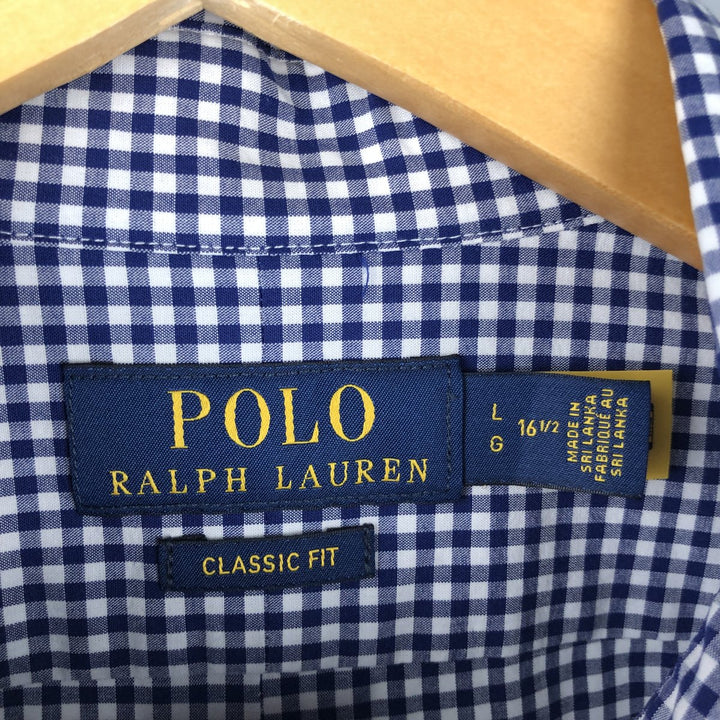 Ralph Lauren Classic Fit Gingham Check Long Sleeve Button-Down Check Shirt, Men's Size L cotton navy blue type Vintage Second Hand