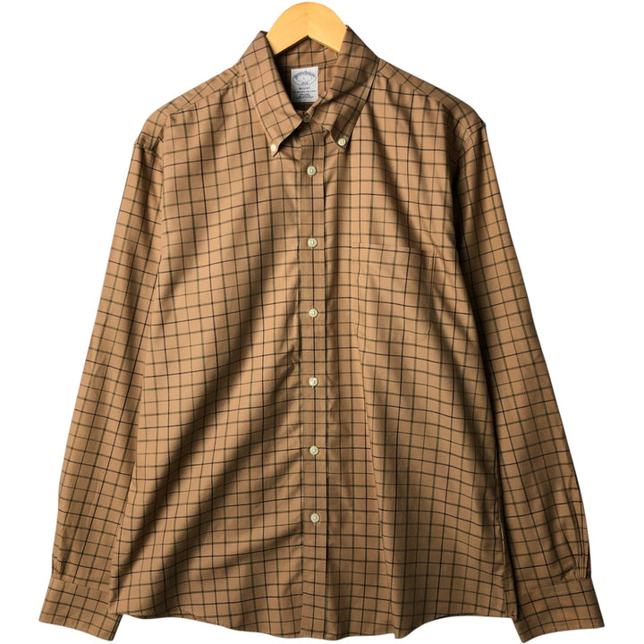 Brooks Brothers 1818 Long Sleeve Button-Down Check Shirt, Men's Size L cotton beige type brown Vintage Second Hand