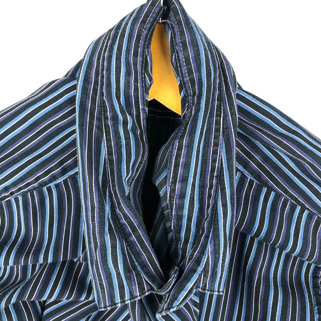 00s~ Calvin Klein Long Sleeve Cotton Striped Shirt Men's M Size cotton blue type Vintage Second Hand