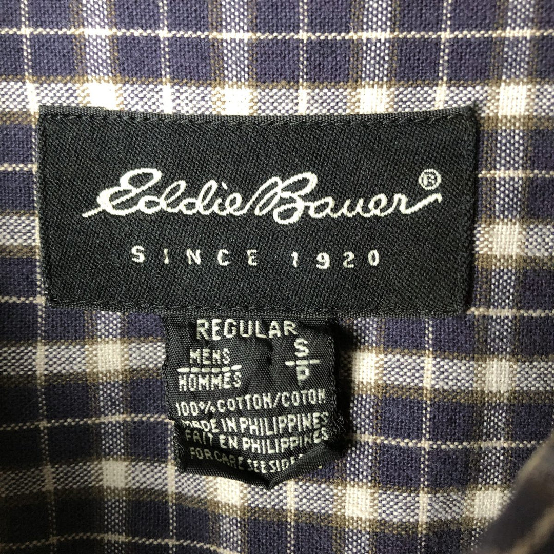 Eddie Bauer long-sleeved button-down check shirt, men's size small cotton navy blue type Vintage Second Hand