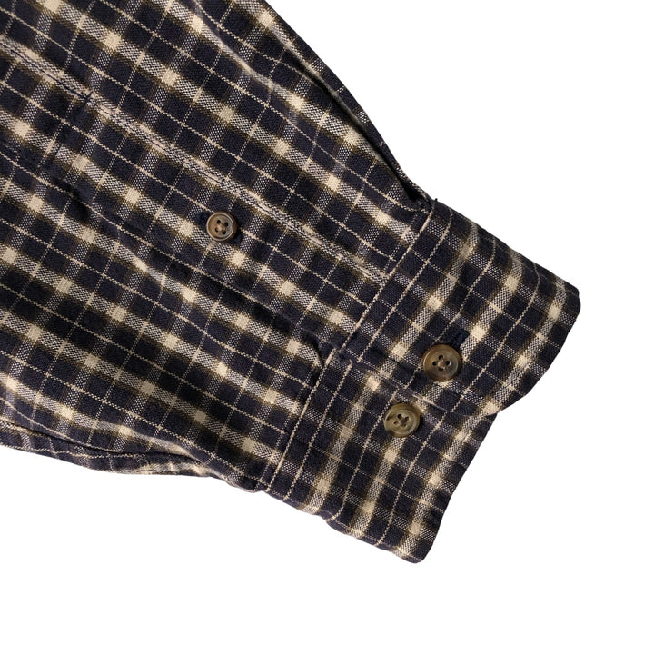 Eddie Bauer long-sleeved button-down check shirt, men's size small cotton navy blue type Vintage Second Hand