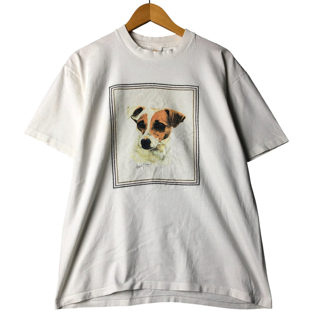 Vintage 90'S Cal Cru dog print animal t-shirt, made in the USA, size L, men's cotton white type Vintage Second Hand