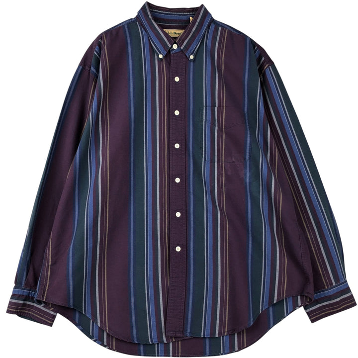 Vintage 80s-90'S LLBean Multi-Stripe Long Sleeve Button-Down Striped Shirt, Men's Size XL cotton navy blue type Vintage Second Hand