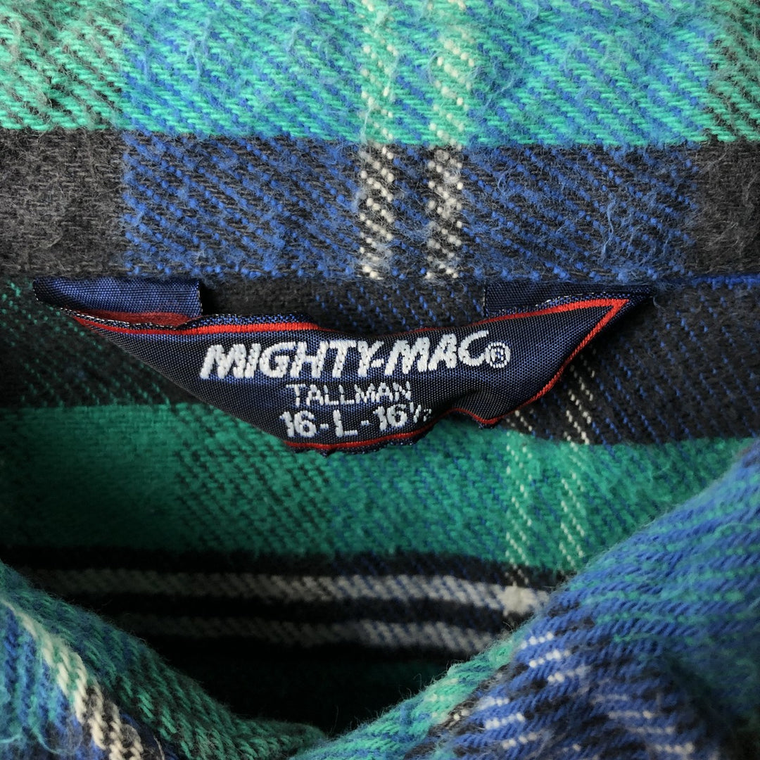 MIGHTY-MAC Long Sleeve Flannel Check Shirt, Made in USA, Men's Size L cotton green type Vintage Second Hand