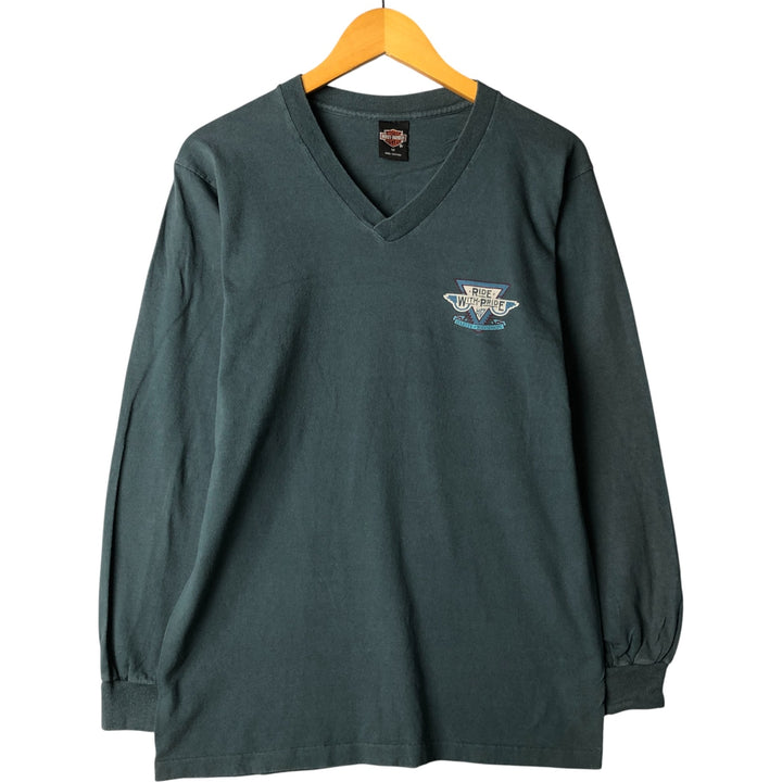 Vintage 90'S Harley-Davidson V-neck Motorcycle Long Sleeve T-Shirt, Made in USA, Men's Size Medium cotton Khaki type Vintage Second Hand
