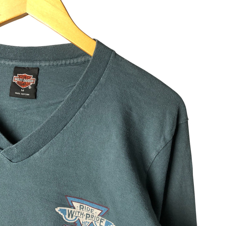 Vintage 90'S Harley-Davidson V-neck Motorcycle Long Sleeve T-Shirt, Made in USA, Men's Size Medium cotton Khaki type Vintage Second Hand
