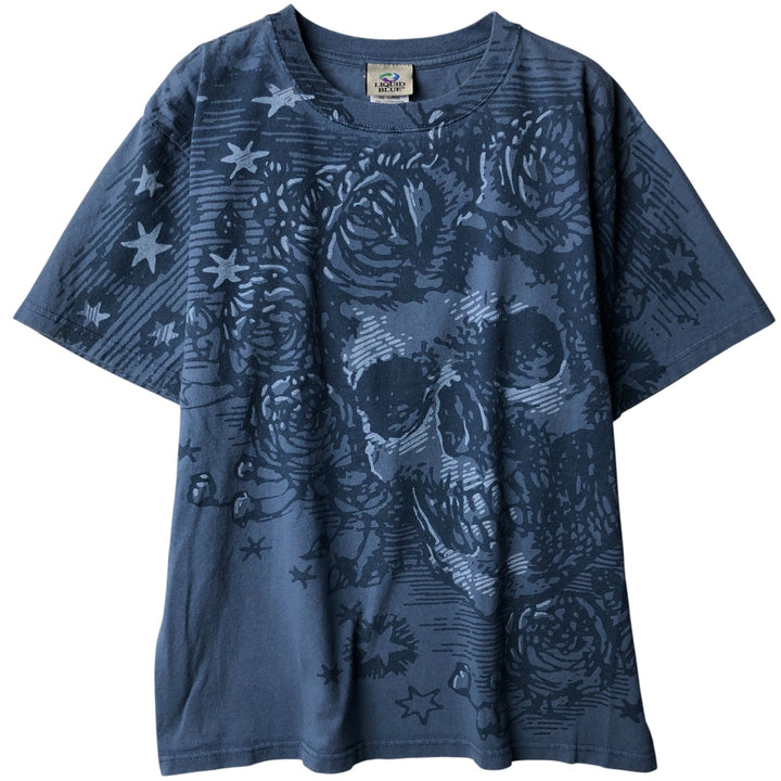 Grateful Dead Skull Pattern All-Over Print Band T-Shirt, Men's Size Medium cotton blue type Vintage Second Hand