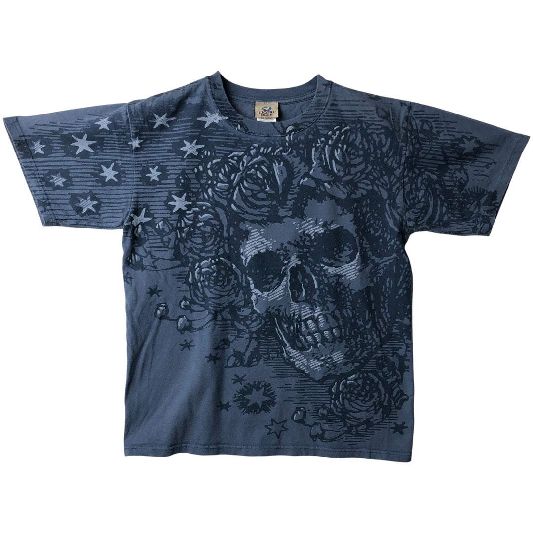 Grateful Dead Skull Pattern All-Over Print Band T-Shirt, Men's Size Medium cotton blue type Vintage Second Hand