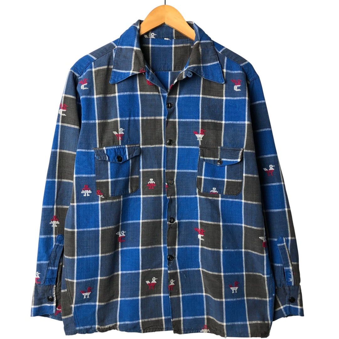 Check Pattern All-Over Print Long Sleeve Open Collar Box Shirt, Men's Size Medium, Vintage unclear blue type Vintage Second Hand