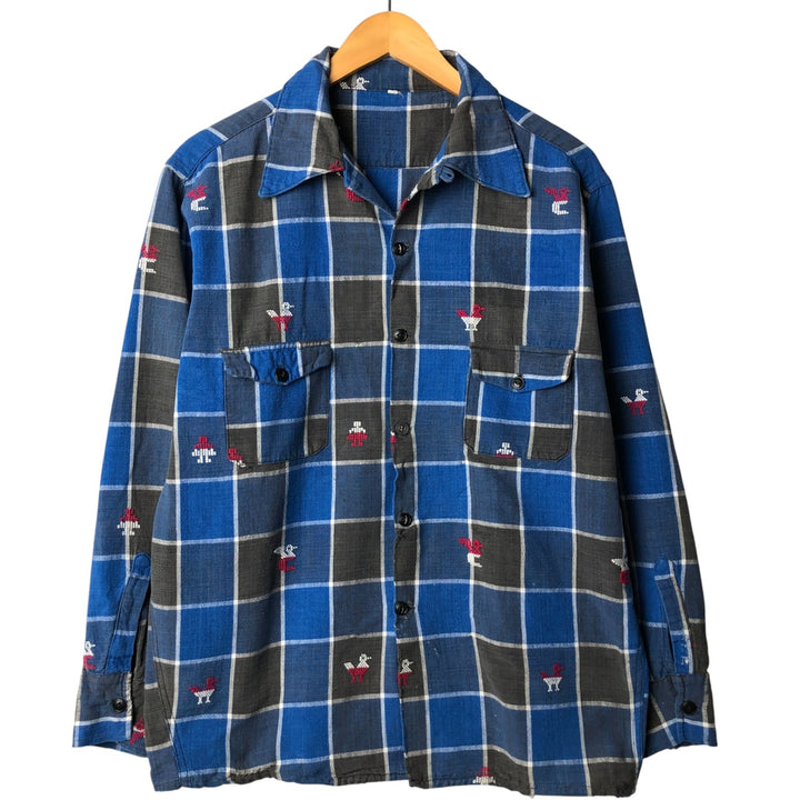 Check Pattern All-Over Print Long Sleeve Open Collar Box Shirt, Men's Size Medium, Vintage unclear blue type Vintage Second Hand