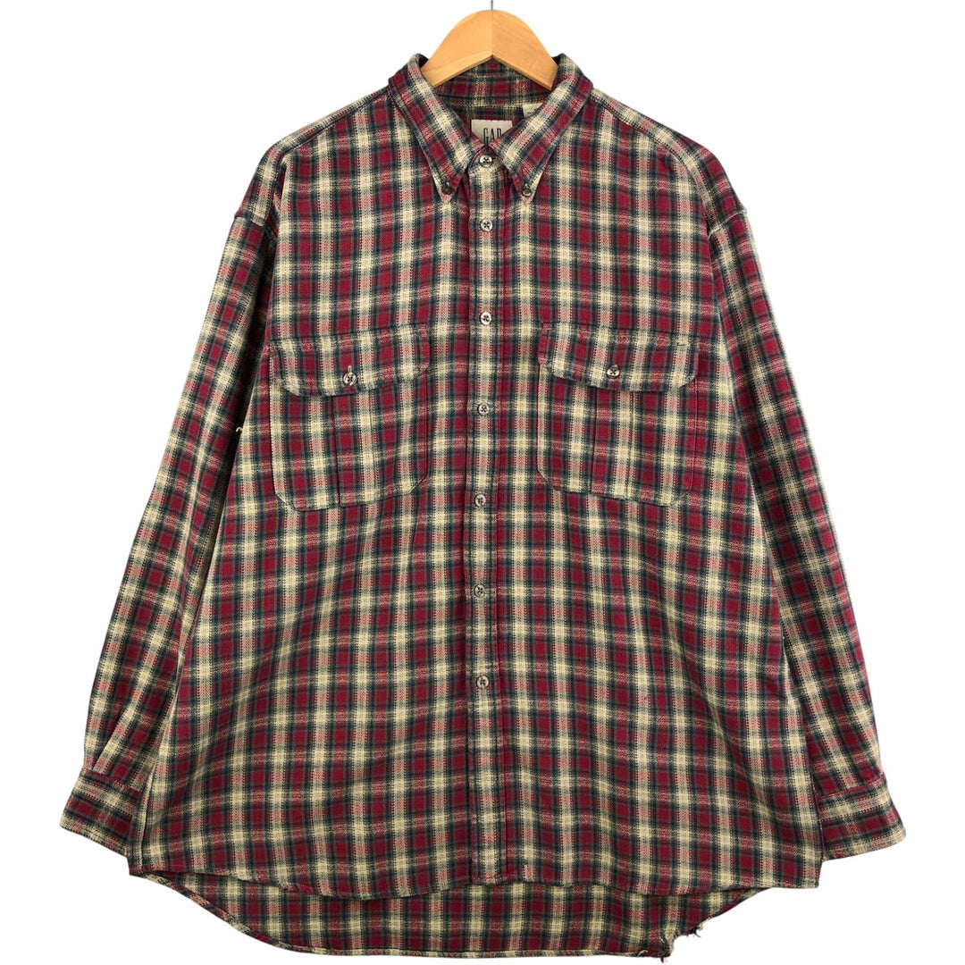 90'S Gap Vintage Herringbone Long Sleeve Button-Down Flannel Check Shirt, Men's Size XL cotton red type Vintage Second Hand