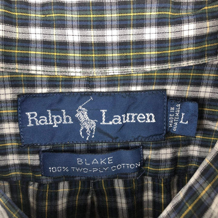 Ralph Lauren BLAKE long sleeve button down check shirt, men's size L cotton navy blue type Vintage Second Hand