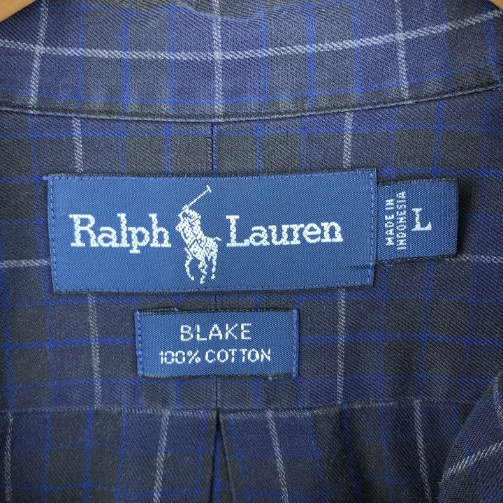 Ralph Lauren BLAKE long sleeve button down check shirt, men's size L cotton navy blue type Vintage Second Hand