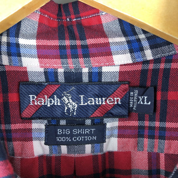 Ralph Lauren BIG SHIRT Long sleeve button-down check shirt Men's XL size cotton navy blue type Vintage Second Hand