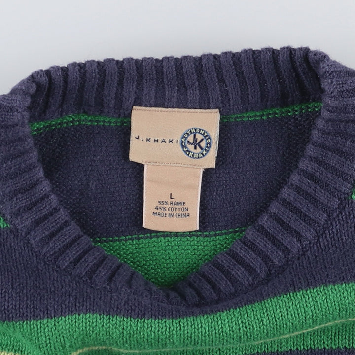 J.KHAKI Striped Pattern Ramie and Cotton Knit Sweater, Women's Size L Lamy navy blue type Vintage Second Hand