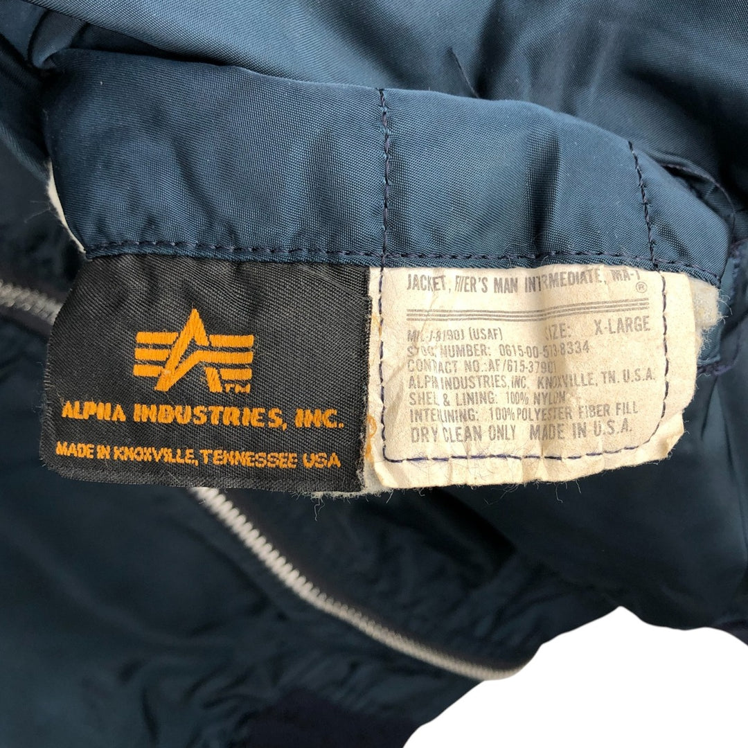 90'S civilian Alpha MA-1 style padded military flight jacket, made in the USA, men's size XL, vintage Nylon navy blue type Vintage Second Hand