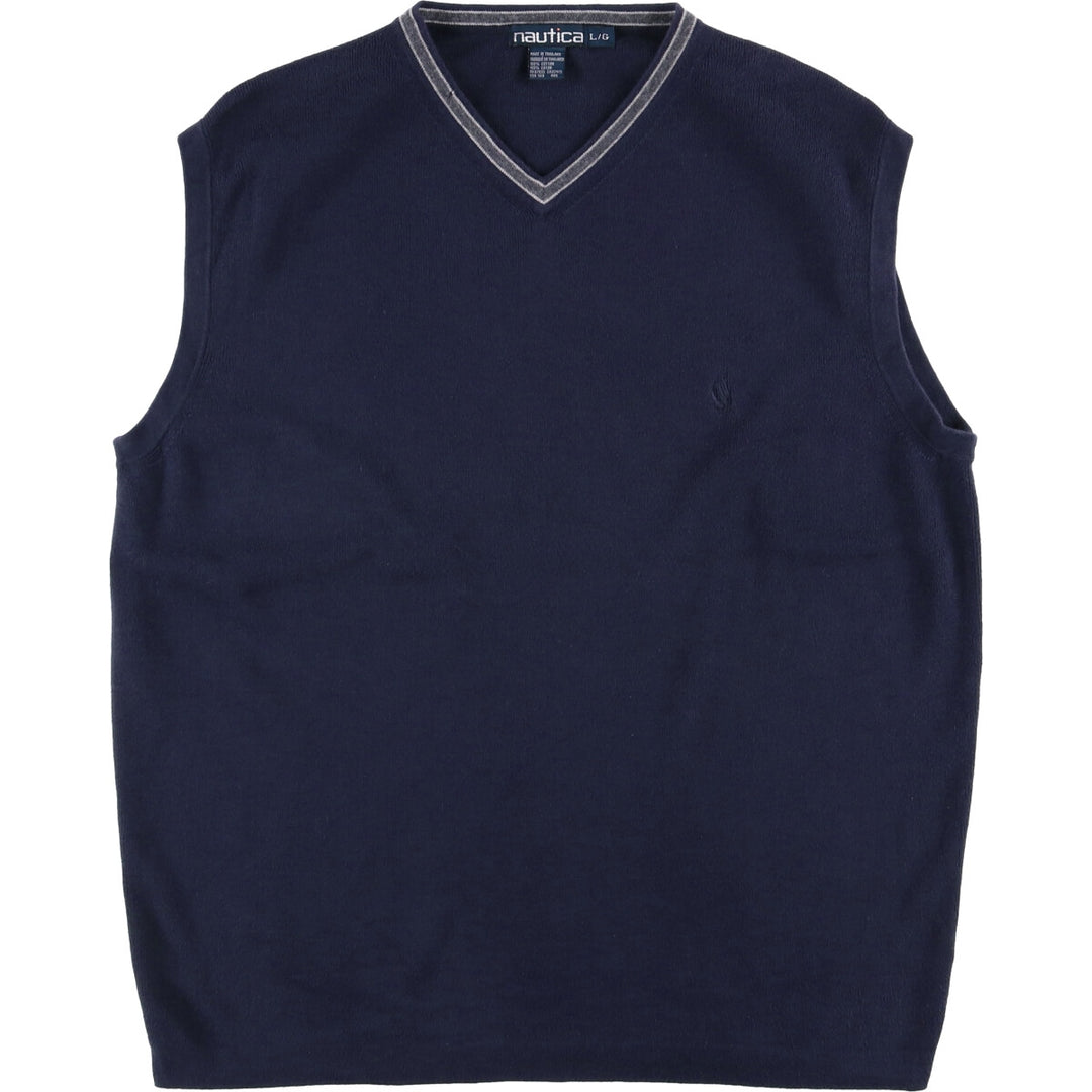 90'S Vintage Nautica Ribbed V-Neck Cotton Knit Vest, Men's Size L cotton navy blue type Vintage Second Hand