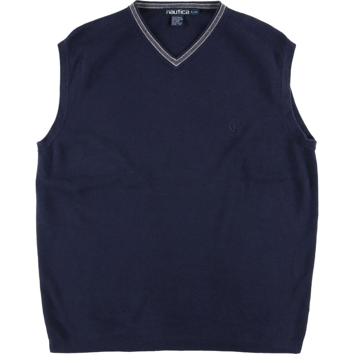 90'S Vintage Nautica Ribbed V-Neck Cotton Knit Vest, Men's Size L cotton navy blue type Vintage Second Hand